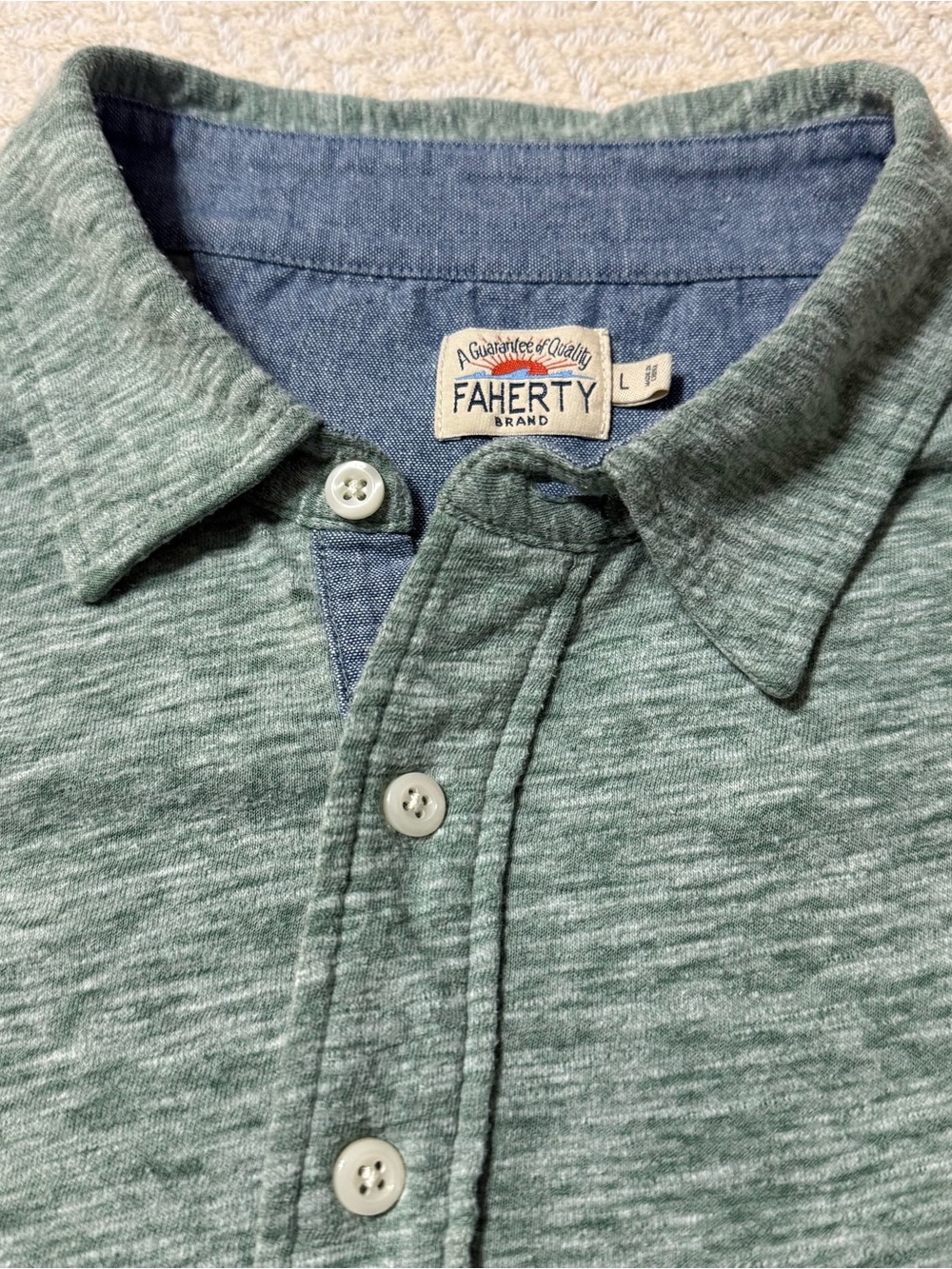 Faherty Green Heather Stretch Cotton Blend Polo Shirt Large Short Sleeve